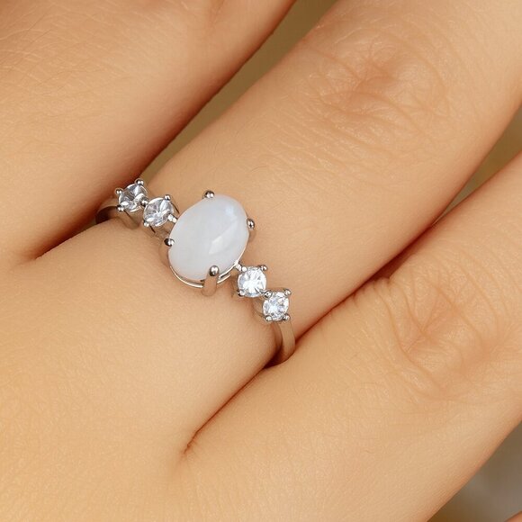 🆕Moonstone Minimalist Ring S925 Sterling Silver Genuine Gemstone CZ Stones Sz 7 - Picture 3 of 12